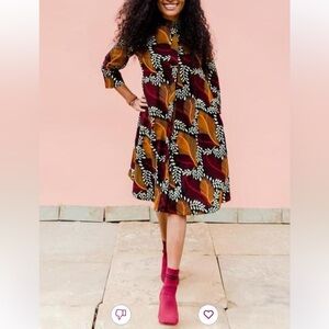 Zuri Cotton Kenya African Print 3/4 Sleeves A-Line Side Pockets Mini Shirt Dress